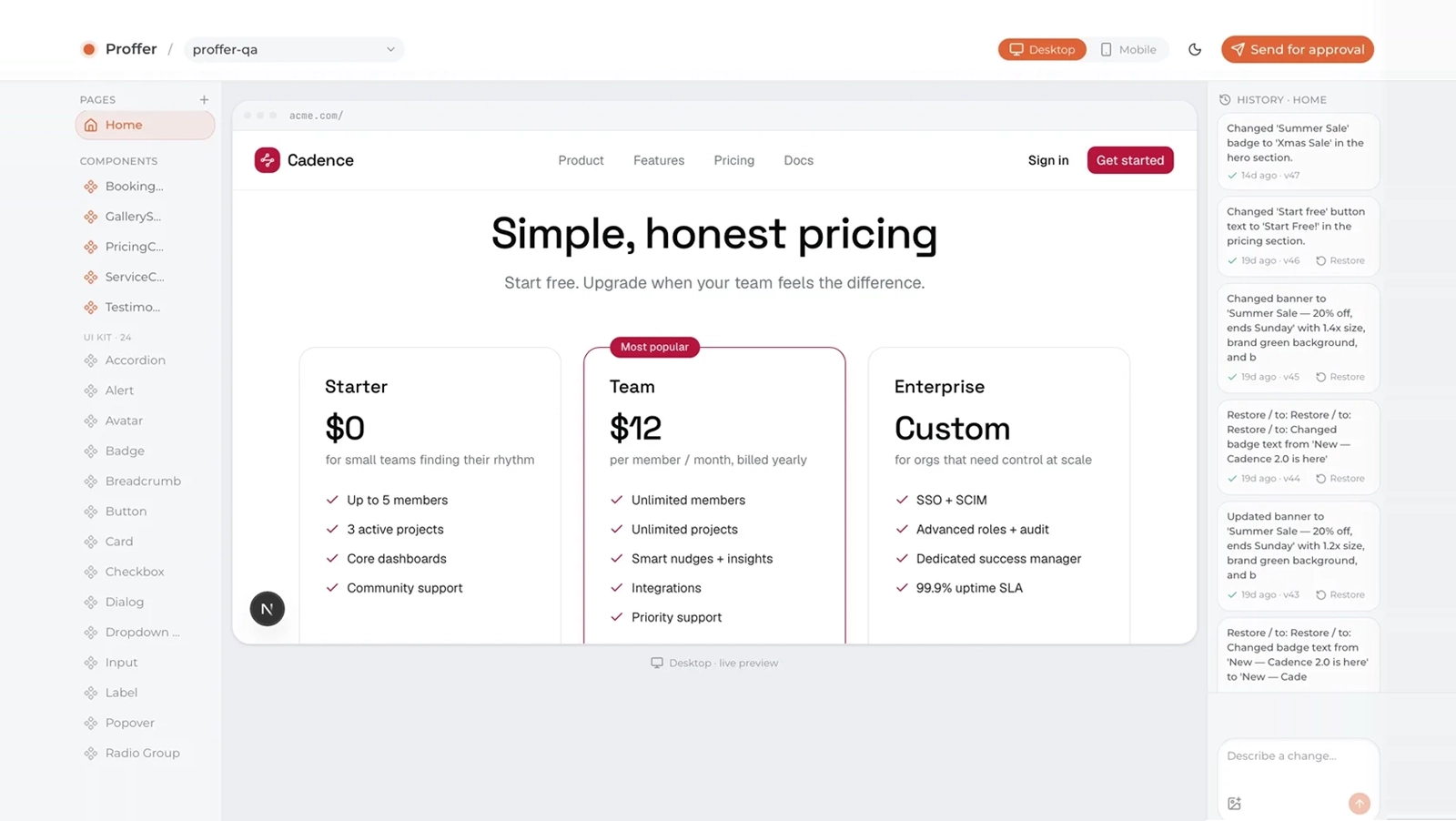 Proffer — a change sent for approval on a live product page