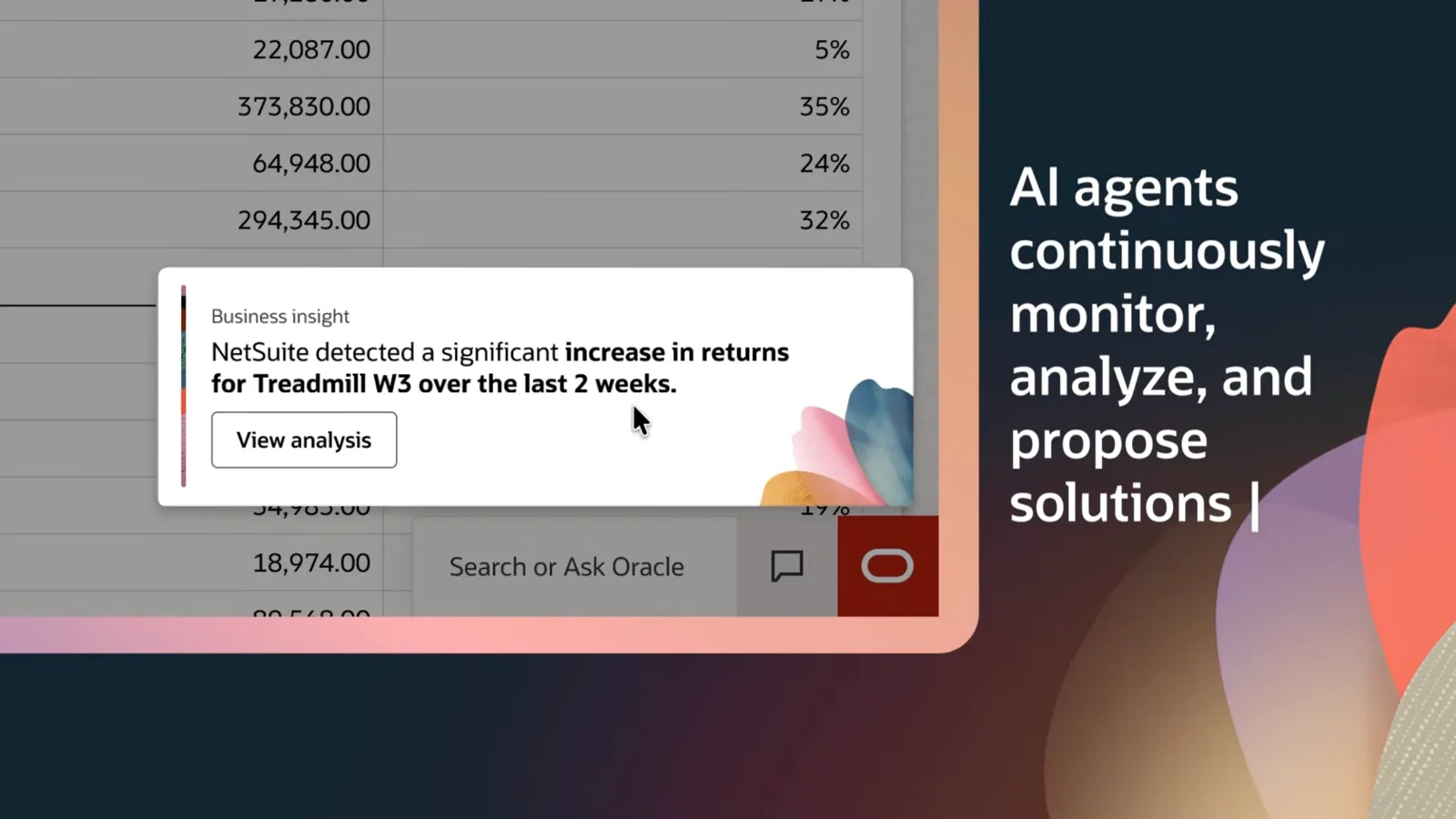 A NetSuite business insight card surfacing a detected increase in returns, over a dense ledger screen