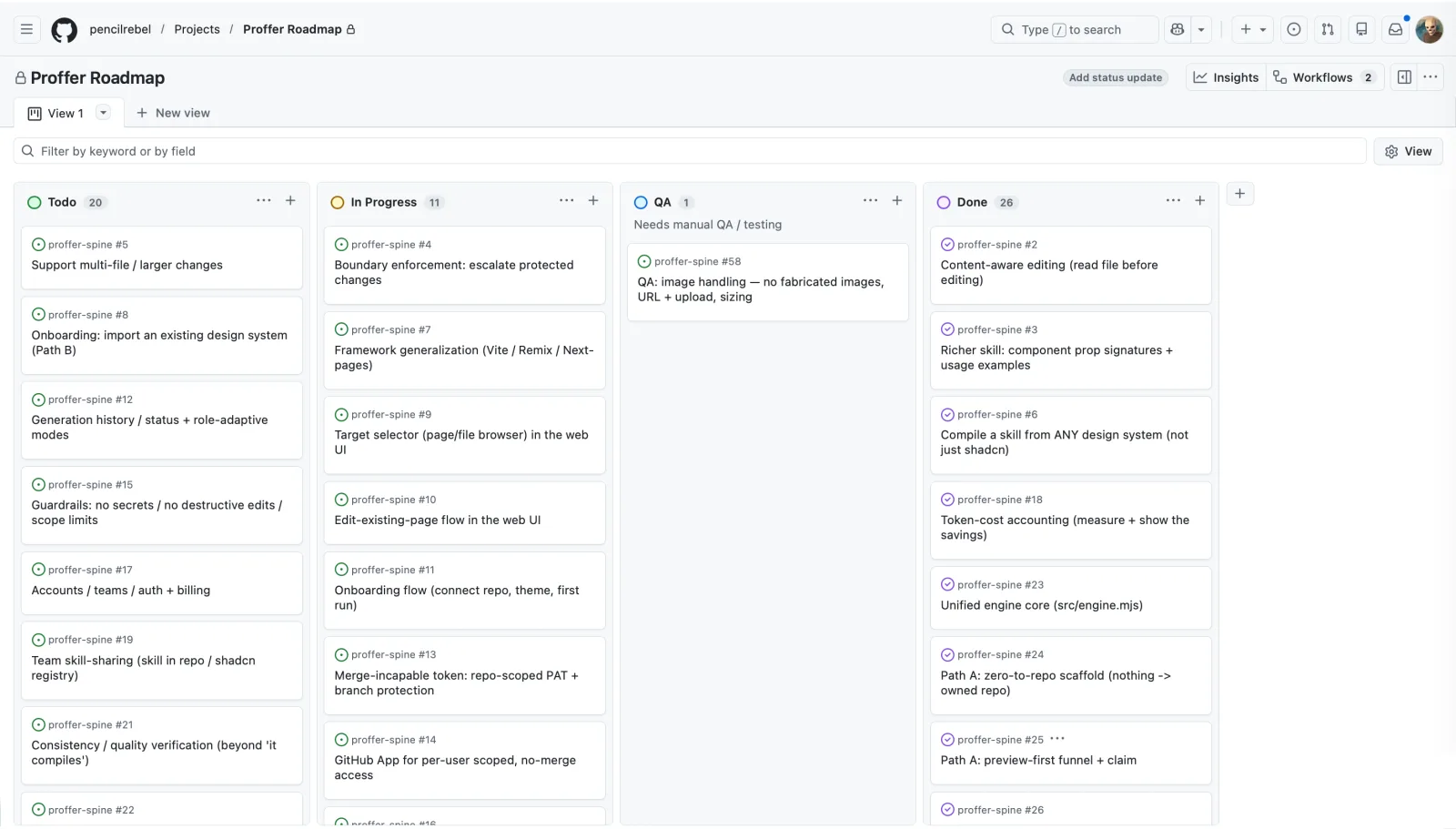 Proffer's GitHub project board with the roadmap, dated release notes, and architecture notes