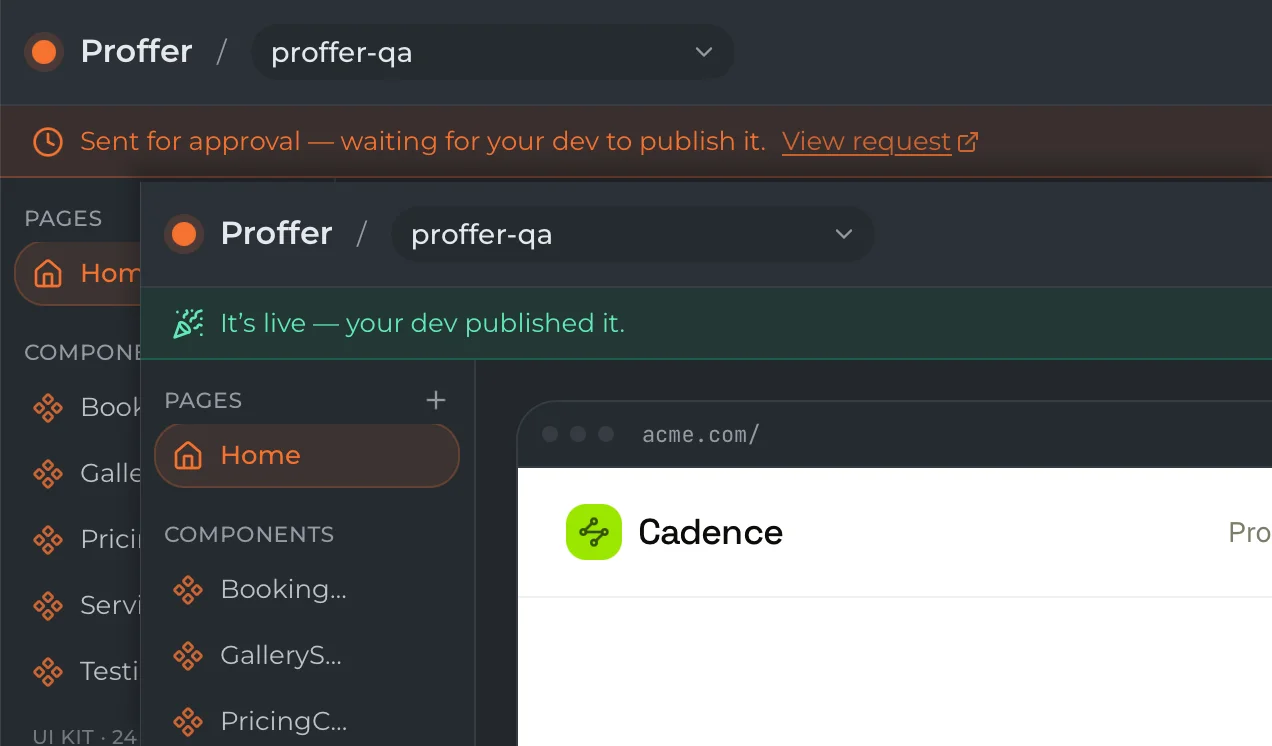 The notifications a designer sees at step 2 and step 3, sent for approval, then shipped