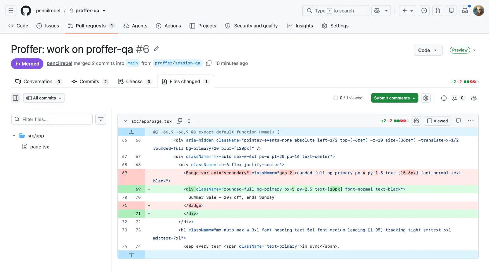 Preview of the code changes in the pull request