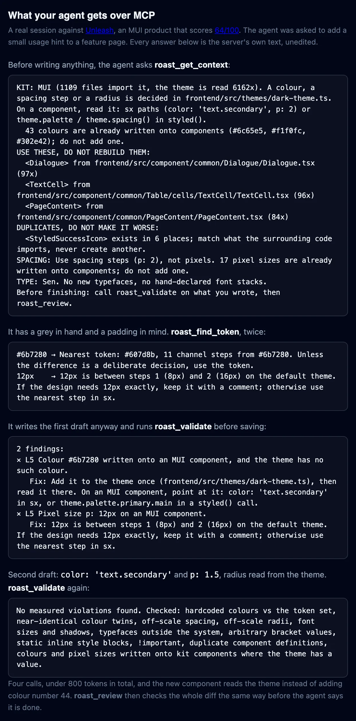 A real MCP session against Unleash: the agent calls roast_get_context, roast_find_token and roast_validate twice, receiving repo-specific answers until no violations remain