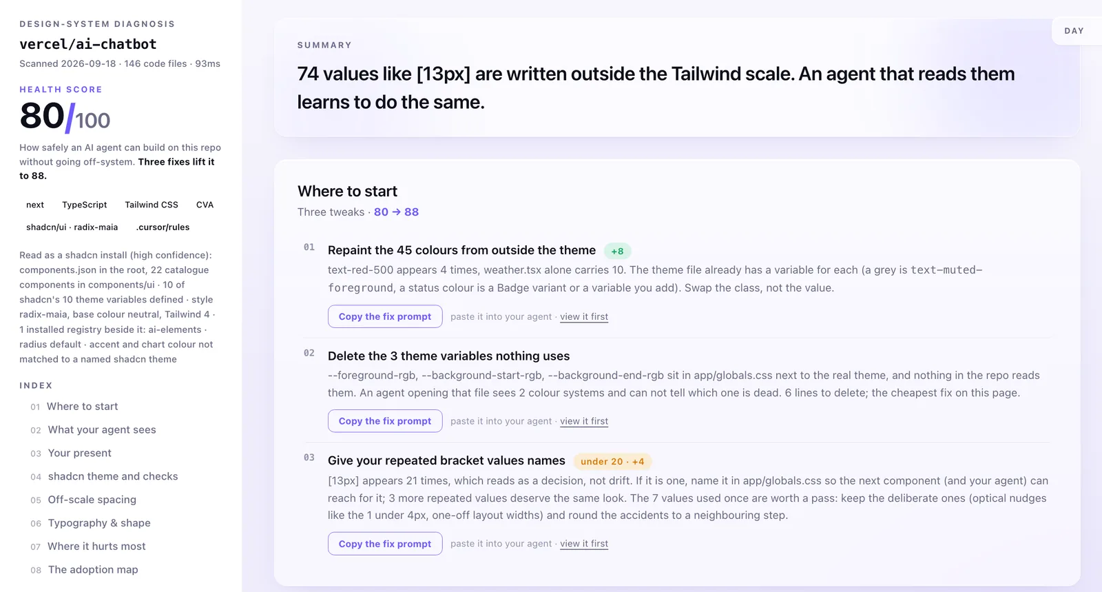 A Roast My Design System report for vercel/ai-chatbot: health score 80 out of 100, a one-line summary and three recommended fixes