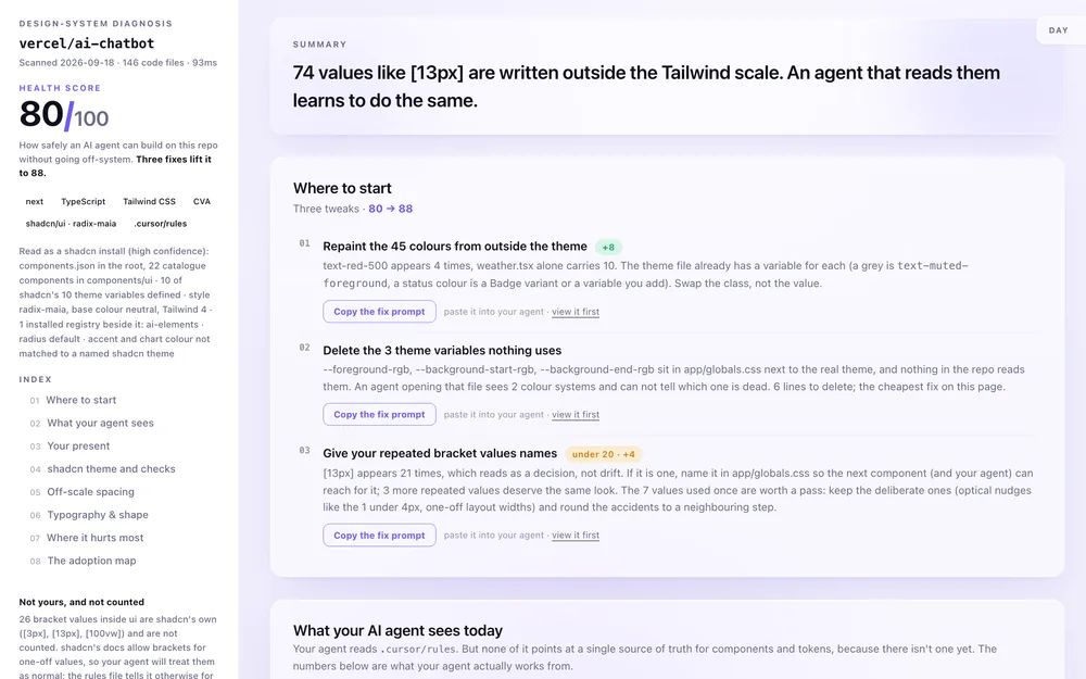 The top of the live report for vercel/ai-chatbot