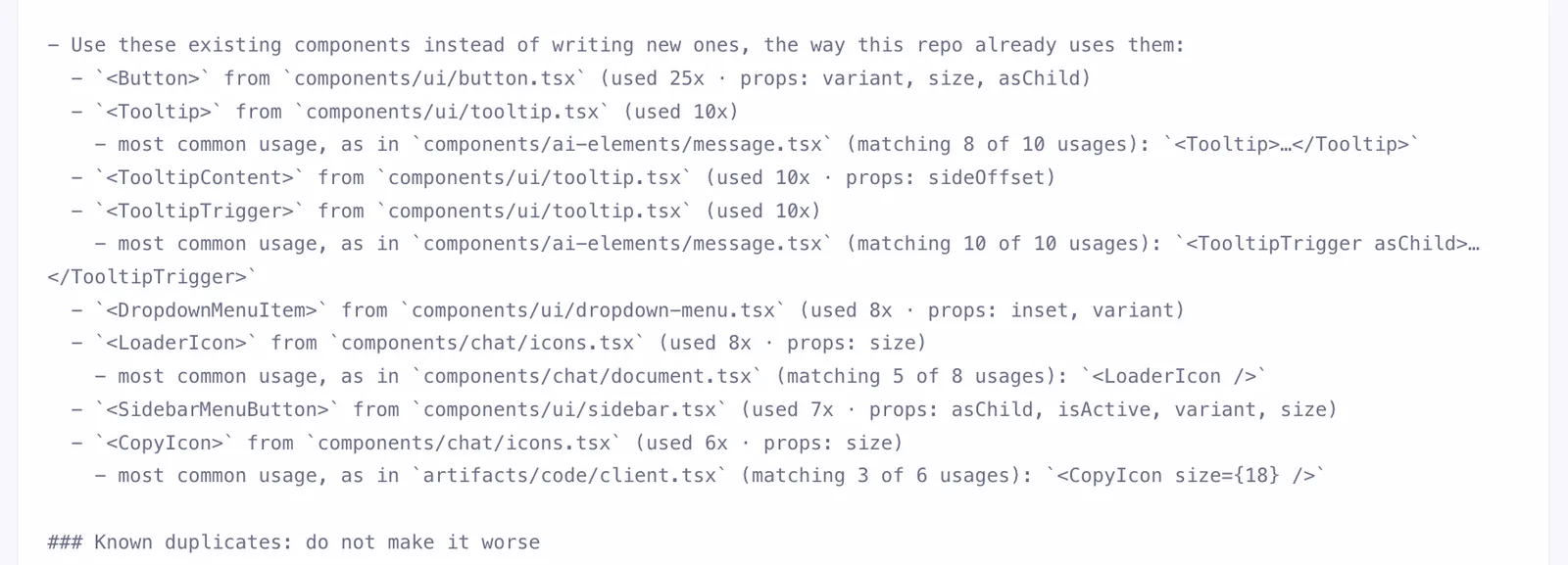The canonical components section of the generated rules, listing Button, Tooltip and others with their file paths and usage counts