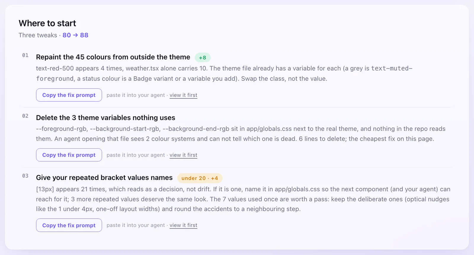 The Where to start section: three recommended fixes, each with its expected score gain and a Copy the fix prompt button