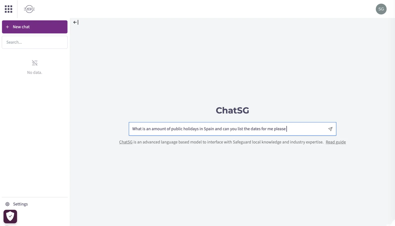 ChatSG opening with a default prompt steering toward the knowledge base