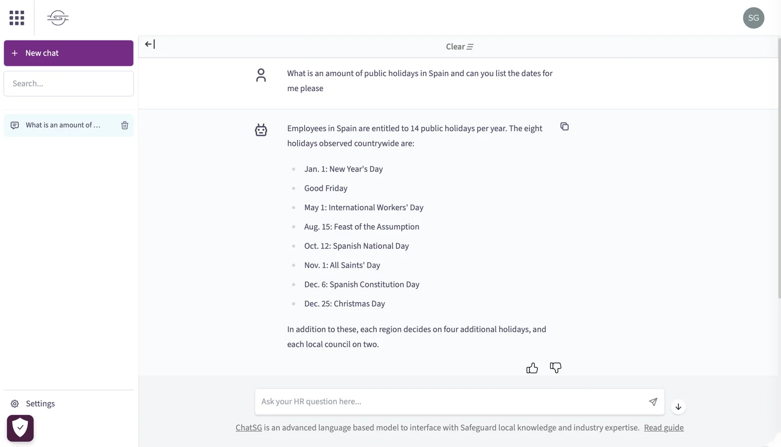 ChatSG answering a jurisdiction question from Safeguard's own knowledge base