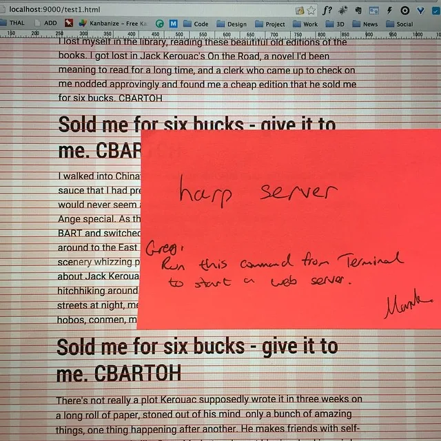 A handwritten sticky note on a screen with instructions for starting a local web server, over a page of placeholder text